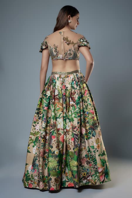 Shop Rocky Star Beige Silk Beads, Patchwork Open Botanical Print Lehenga And Embellished Blouse at Aza Fashions Shop_Rocky Star_Beige Silk Beads, Patchwork Open Botanical Print Lehenga And Embellished Blouse _at_Aza_Fashions