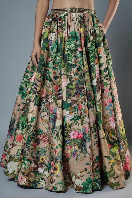 Rocky Star Beige Silk Beads, Patchwork Open Botanical Print Lehenga And Embellished Blouse Online at Aza Fashions Rocky Star_Beige Silk Beads, Patchwork Open Botanical Print Lehenga And Embellished Blouse _Online_at_Aza_Fashions