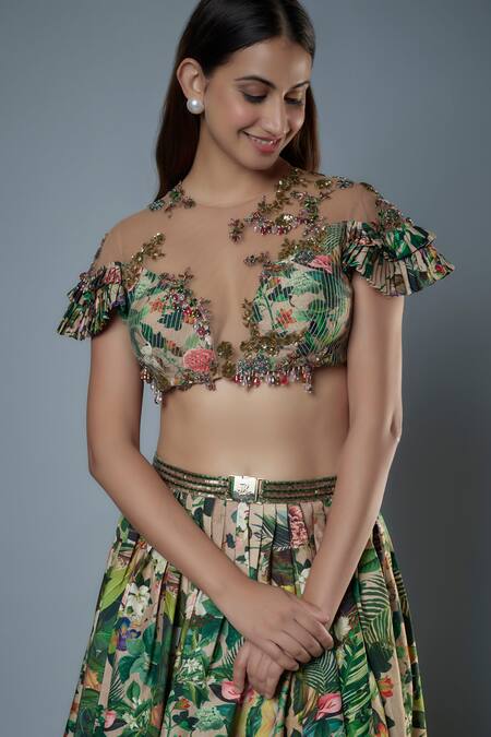 Buy Rocky Star Beige Silk Beads, Patchwork Open Botanical Print Lehenga And Embellished Blouse Online at Aza Fashions Buy_Rocky Star_Beige Silk Beads, Patchwork Open Botanical Print Lehenga And Embellished Blouse _Online_at_Aza_Fashions