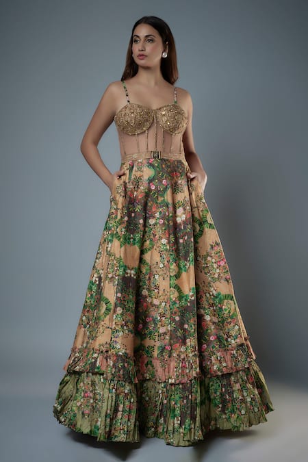 Rocky Star Beige Botanical Print Tiered Ruffle Gown 