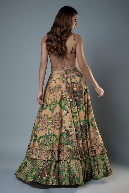 Rocky Star Beige Botanical Print Tiered Ruffle Gown 