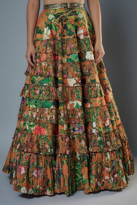 Rocky Star_Multi Color Silk Beads, Patchwork Sweetheart Botanical Print Tiered Lehenga Set _Online_at_Aza_Fashions
