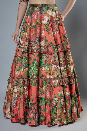Rocky Star_Orange Silk Beads, Patchwork Open Neck Botanic Print Ruffle Lehenga And Blouse _Online_at_Aza_Fashions