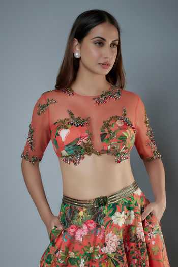 Buy_Rocky Star_Orange Silk Beads, Patchwork Open Neck Botanic Print Ruffle Lehenga And Blouse _Online_at_Aza_Fashions