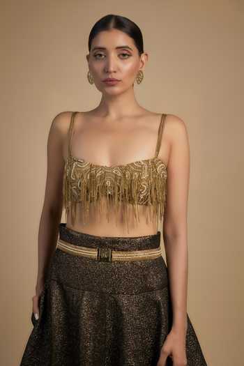 Buy_Rocky Star_Gold Silk, Polyester Beads Sweetheart Neck Embellished Mermaid Lehenga Set _Online_at_Aza_Fashions