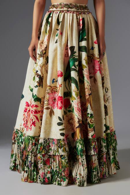 Rocky Star_Ivory Silk Beads, Sequins V-neck Botanical Print Frilly Hem Lehenga Set _Online_at_Aza_Fashions