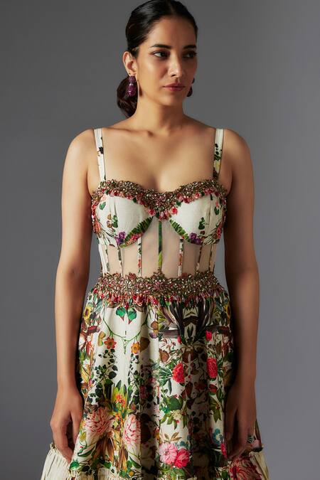 Rocky Star Ivory Silk Crystals Sweetheart Neck Botanical Print Strap Sleeves Gown Online at Aza Fashions Rocky Star_Ivory Silk Crystals Sweetheart Neck Botanical Print Strap Sleeves Gown _Online_at_Aza_Fashions