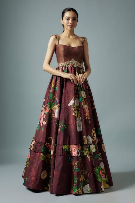 Rocky Star Maroon Floral Print Brocade Gown 