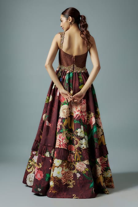 Rocky Star Maroon Floral Print Brocade Gown 
