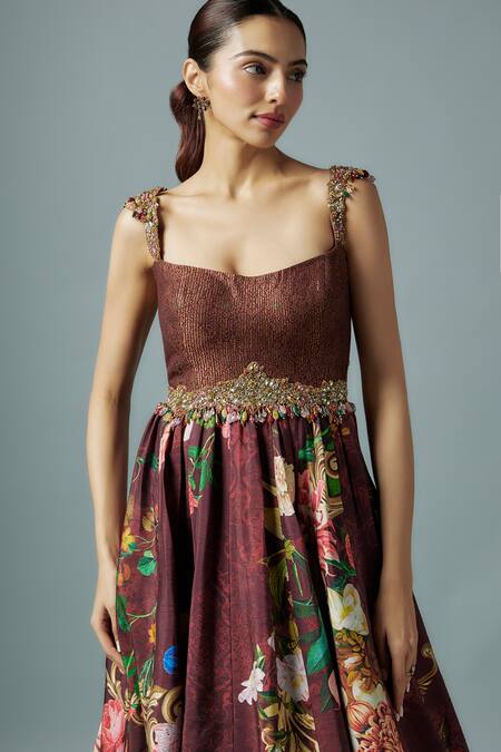 Rocky Star Maroon Brocade, Silk Beads Sweetheart Neck Floral Print Gown Online at Aza Fashions Rocky Star_Maroon Brocade, Silk Beads Sweetheart Neck Floral Print Gown _Online_at_Aza_Fashions