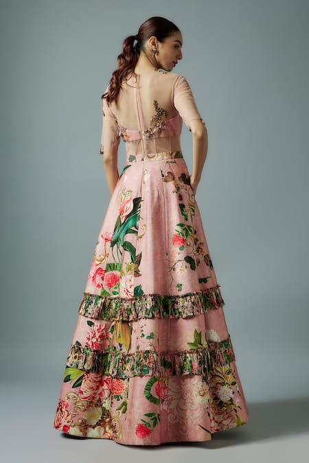 Shop_Rocky Star_Pink Silk, Net Beads V-neck Fiore Print And Embellished Gown _at_Aza_Fashions