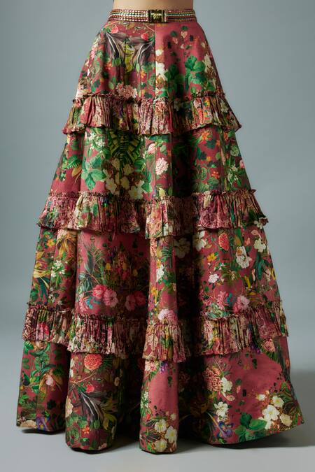 Rocky Star_Maroon Brocade, Silk Embroidery Sweetheart Neck Bloom Print Frilly Lehenga Set _Online_at_Aza_Fashions