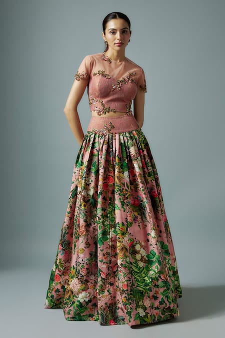 Rocky Star Pink Brocade, Silk Embroidery Open Neck Blossom Print Lehenga And Blouse
