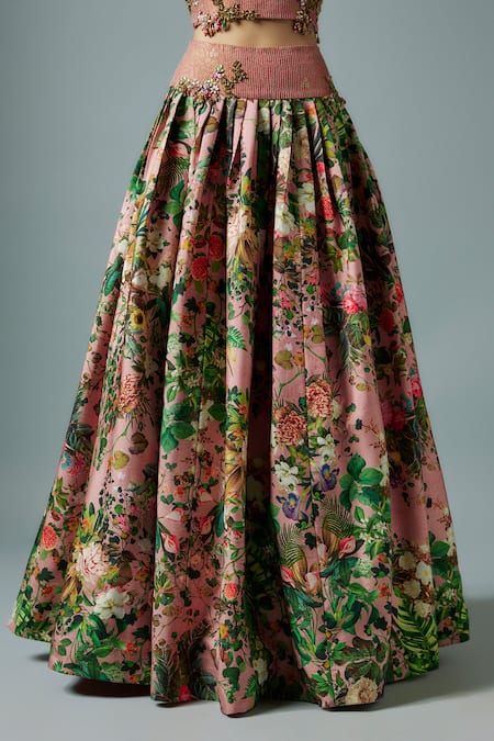 Rocky Star_Pink Brocade, Silk Embroidery Open Neck Blossom Print Lehenga And Blouse _Online_at_Aza_Fashions