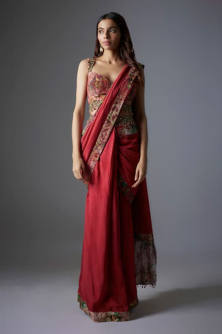 Rocky Star Gardenia Border Print Pre-Draped Saree With Blouse 