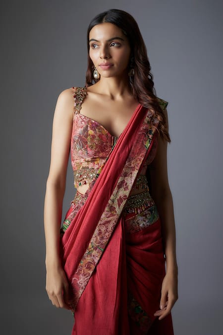 Rocky Star_Maroon Silk Embroidery, Beads Sweetheart Gardenia Border Print Pre-draped Saree _Online_at_Aza_Fashions