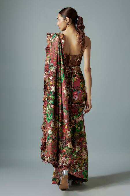 Rocky Star Maroon Gardenia Bloom Ruffle Saree Set 