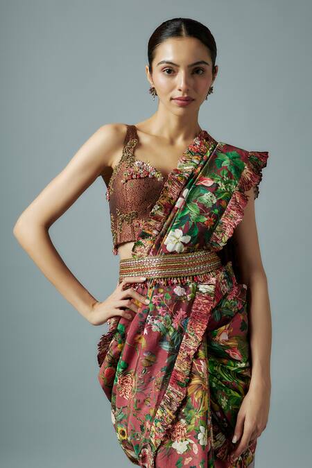 Rocky Star_Maroon Brocade, Silk Embroidery Sweetheart Neck Gardenia Bloom Ruffle Saree Set _Online_at_Aza_Fashions