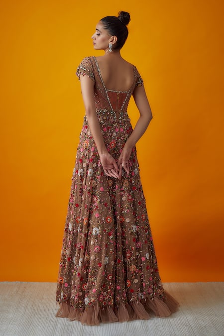 Shop Rocky Star Multi Color Tulle, Brocade Sequins Sweetheart Neck Corset Style Petunia Gown at Aza Fashions Shop_Rocky Star_Multi Color Tulle, Brocade Sequins Sweetheart Neck Corset Style Petunia Gown _at_Aza_Fashions