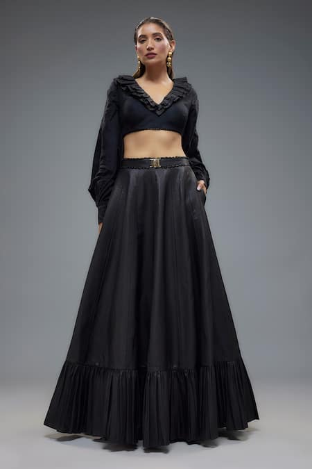 Rocky Star Solid Frilly Neckline Blouse With Belted Lehenga 