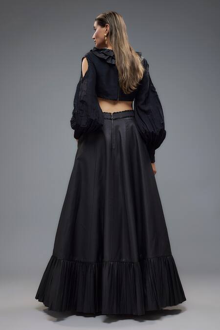 Shop Rocky Star Black Silk V-neck Frilly Neckline Blouse And Belted Lehenga at Aza Fashions Shop_Rocky Star_Black Silk V-neck Frilly Neckline Blouse And Belted Lehenga _at_Aza_Fashions
