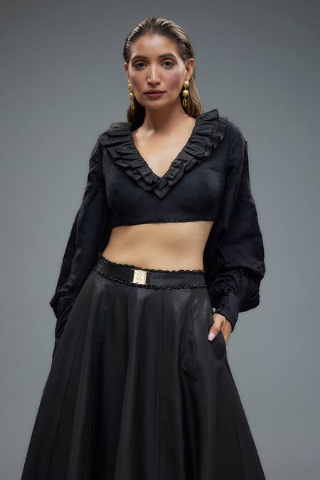 Buy Rocky Star Black Silk V-neck Frilly Neckline Blouse And Belted Lehenga Online at Aza Fashions Buy_Rocky Star_Black Silk V-neck Frilly Neckline Blouse And Belted Lehenga _Online_at_Aza_Fashions