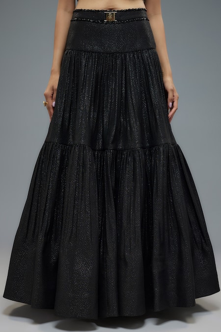 Rocky Star Black Net, Polyurethane Embroidery Halter Bloom Patchwork Tiered Lehenga Set Online at Aza Fashions Rocky Star_Black Net, Polyurethane Embroidery Halter Bloom Patchwork Tiered Lehenga Set _Online_at_Aza_Fashions