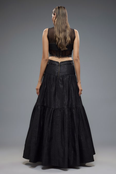 Shop Rocky Star Black Net, Polyurethane Embroidery Halter Bloom Patchwork Tiered Lehenga Set at Aza Fashions Shop_Rocky Star_Black Net, Polyurethane Embroidery Halter Bloom Patchwork Tiered Lehenga Set _at_Aza_Fashions