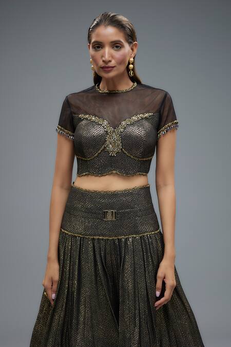 Rocky Star Black Net, Polyester Patchwork, Embroidery Collared Flora Brocade Lehenga Set Online at Aza Fashions Rocky Star_Black Net, Polyester Patchwork, Embroidery Collared Flora Brocade Lehenga Set _Online_at_Aza_Fashions