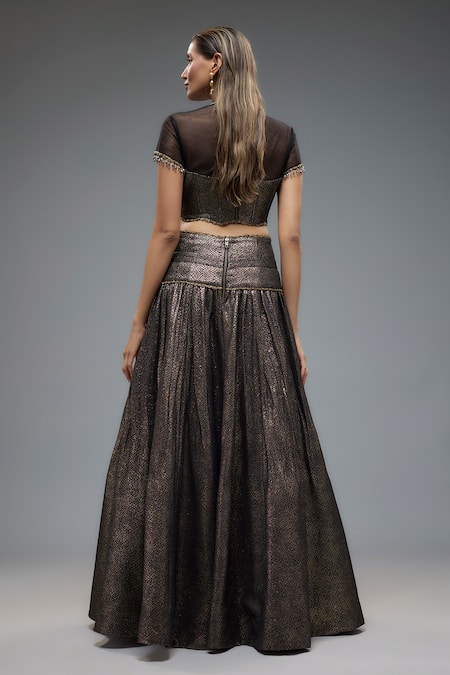 Shop Rocky Star Black Net, Polyester Patchwork, Embroidery Collared Flora Brocade Lehenga Set at Aza Fashions Shop_Rocky Star_Black Net, Polyester Patchwork, Embroidery Collared Flora Brocade Lehenga Set _at_Aza_Fashions