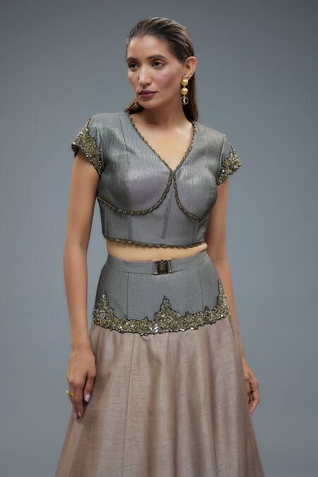 Rocky Star Gray Silk, Polyurethane, Polyester Patchwork, Embroidery Grey Fiore Lehenga Set Online at Aza Fashions Rocky Star_Gray Silk, Polyurethane, Polyester Patchwork, Embroidery Grey Fiore Lehenga Set _Online_at_Aza_Fashions