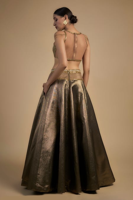 Shop Rocky Star Gold Polyester, Net Chains, Sequins V-neck Embroidered Blouse And Lehenga at Aza Fashions Shop_Rocky Star_Gold Polyester, Net Chains, Sequins V-neck Embroidered Blouse And Lehenga _at_Aza_Fashions