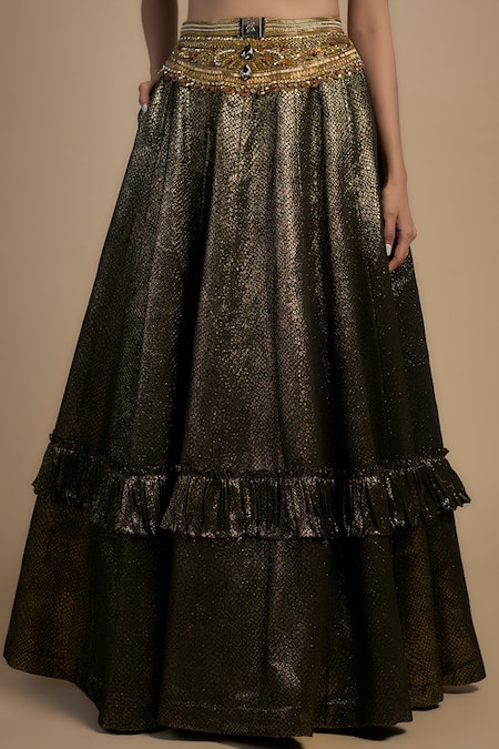 Rocky Star_Gold Polyester, Net Sequins, Crystals, Tribal Blouse And Frilled Lehenga _Online_at_Aza_Fashions