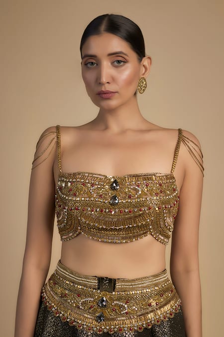 Buy_Rocky Star_Gold Polyester, Net Sequins, Crystals, Tribal Blouse And Frilled Lehenga _Online_at_Aza_Fashions