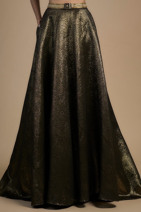 Rocky Star_Gold Silk, Polyester Sequins, Crystals Tribal Embroidered Blouse And Lehenga _Online_at_Aza_Fashions