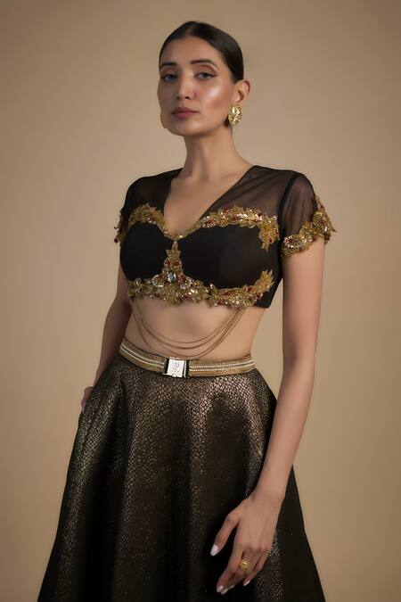 Buy_Rocky Star_Gold Silk, Polyester Sequins, Crystals Tribal Embroidered Blouse And Lehenga _Online_at_Aza_Fashions