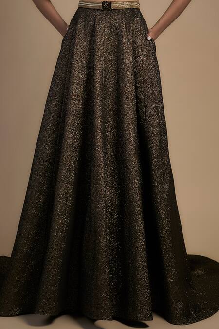 Rocky Star_Gold Polyester, Net Sequins, Crystals V-neck Embroidered Fusion Lehenga Set _Online_at_Aza_Fashions