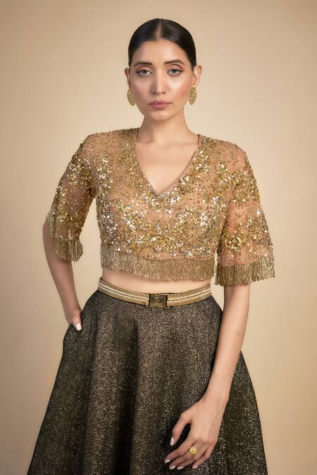 Buy_Rocky Star_Gold Polyester, Net Sequins, Crystals V-neck Embroidered Fusion Lehenga Set _Online_at_Aza_Fashions
