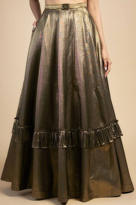 Rocky Star_Gold Polyester Sequins, Embroidery Square Neck Bustier And Pleated Lehenga _Online_at_Aza_Fashions