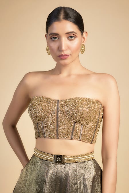 Buy_Rocky Star_Gold Polyester Sequins, Embroidery Square Neck Bustier And Pleated Lehenga _Online_at_Aza_Fashions