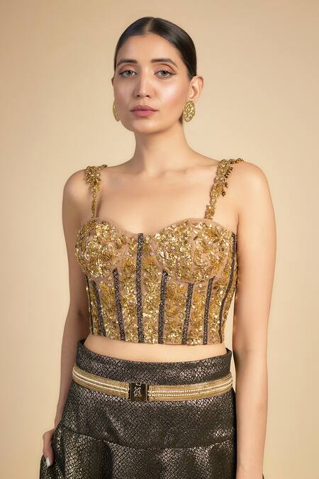 Buy_Rocky Star_Gold Polyester, Net Sequins Sweetheart Neck Embroidered Corset And Lehenga _Online_at_Aza_Fashions