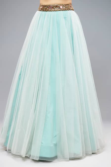 Rocky Star_Blue Net Sequins, Beads Scoop Neck Frilled Cape And Embroidered Lehenga Set _Online_at_Aza_Fashions