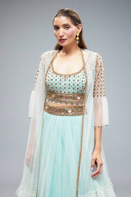 Buy_Rocky Star_Blue Net Sequins, Beads Scoop Neck Frilled Cape And Embroidered Lehenga Set _Online_at_Aza_Fashions