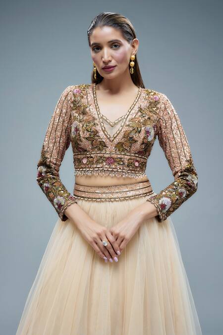 Rocky Star_Beige Net Beads, Embroidery, Sequins V-neck Floral Blouse And Lehenga _Online_at_Aza_Fashions