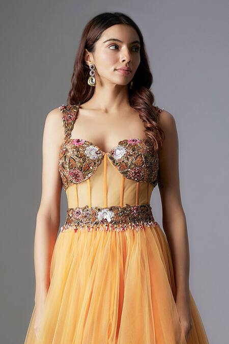 Rocky Star_Orange Net Sequins, Embroidery, Beads Sweetheart Neck Floral Corset Gown _Online_at_Aza_Fashions
