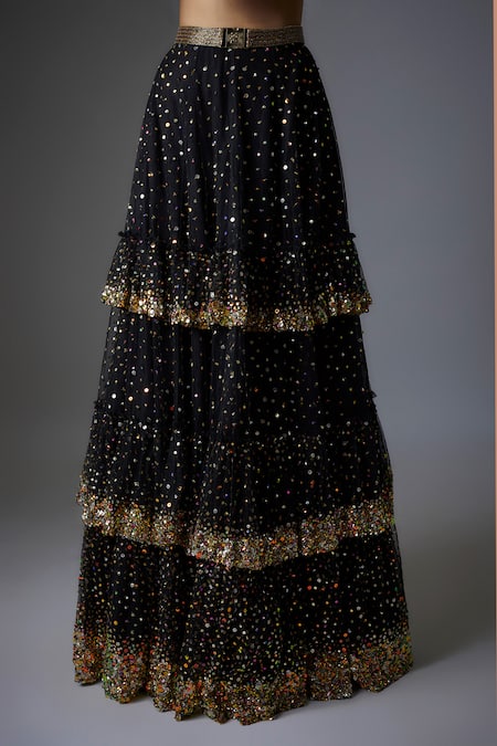 Rocky Star_Black Net Tassels, Sequins, Crystals Round Neck Embroidered Lehenga Set _Online_at_Aza_Fashions