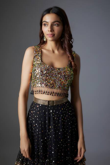 Buy_Rocky Star_Black Net Tassels, Sequins, Crystals Round Neck Embroidered Lehenga Set _Online_at_Aza_Fashions
