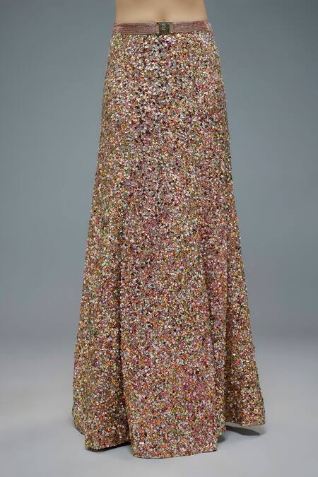 Buy_Rocky Star_Multi Color Net Crystals, Sequins, Tassels Round Neck Flared Sleeve Lehenga Set _Online_at_Aza_Fashions