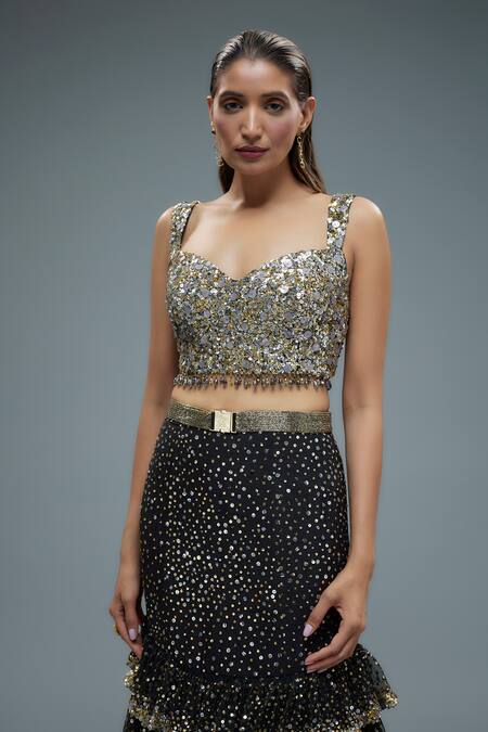 Rocky Star_Black Net Crystals, Sequins, Tassels Sweetheart Embroidered Mermaid Lehenga Set _Online_at_Aza_Fashions