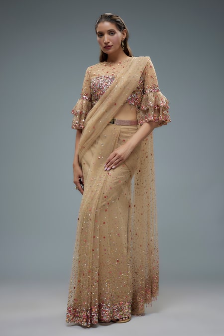 Rocky Star Sequin Embroidered Pre-Draped Saree With Blouse 